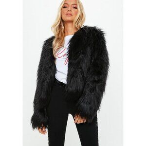 NWT Missguided Black Faux Fur Shaggy Cropped Jacket Coat XS